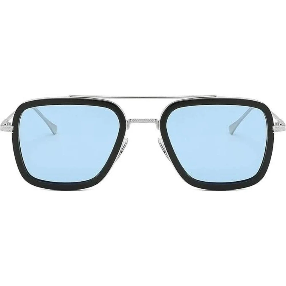 Square Sunglasses Blue Lens Silver Frame Mens Fashion Sun Glasses Classic Lentes